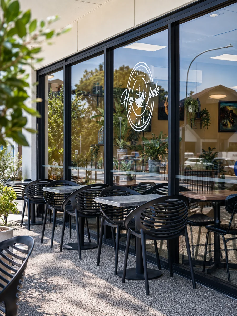 The entrance and outdoor seating at Hey Jude Cafe