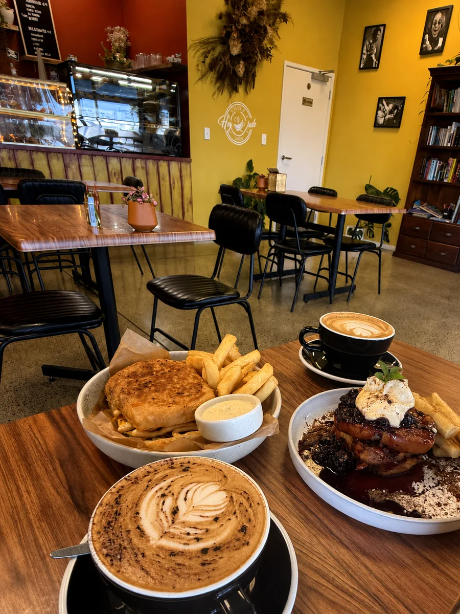 Food and coffee inside Hey Jude Cafe