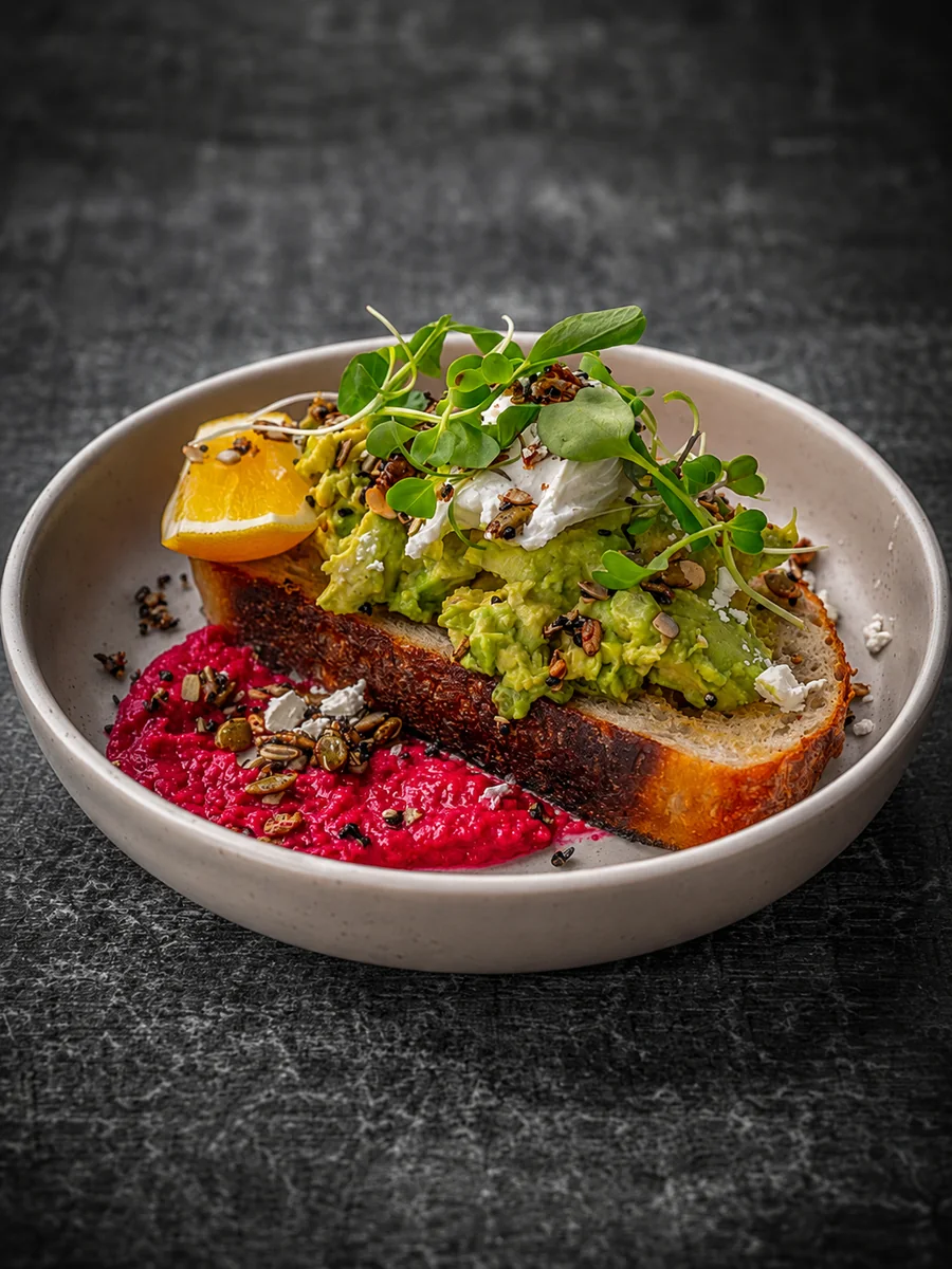 Smashed avocado with beetroot hummus, feta and poached egg