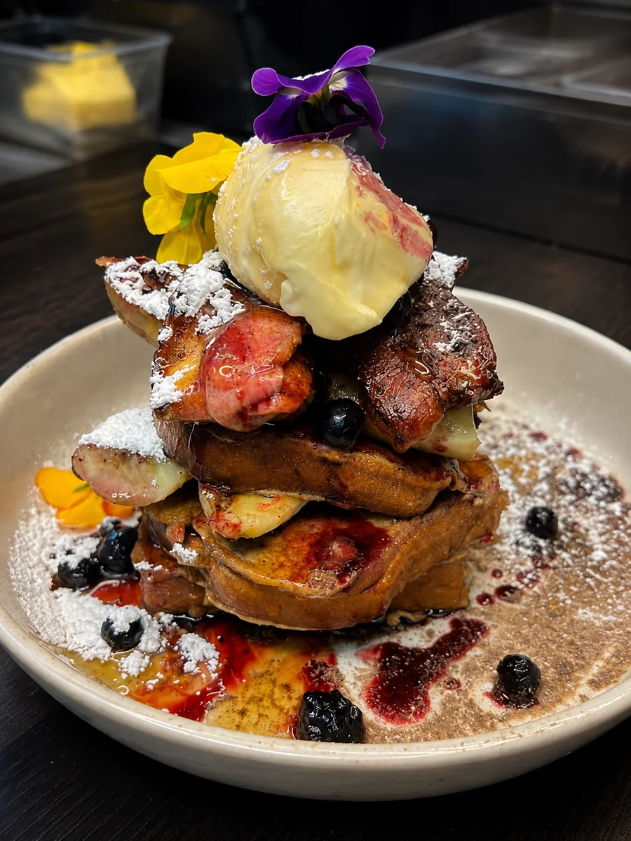French toast with fruit, mascarpone and maple syrup