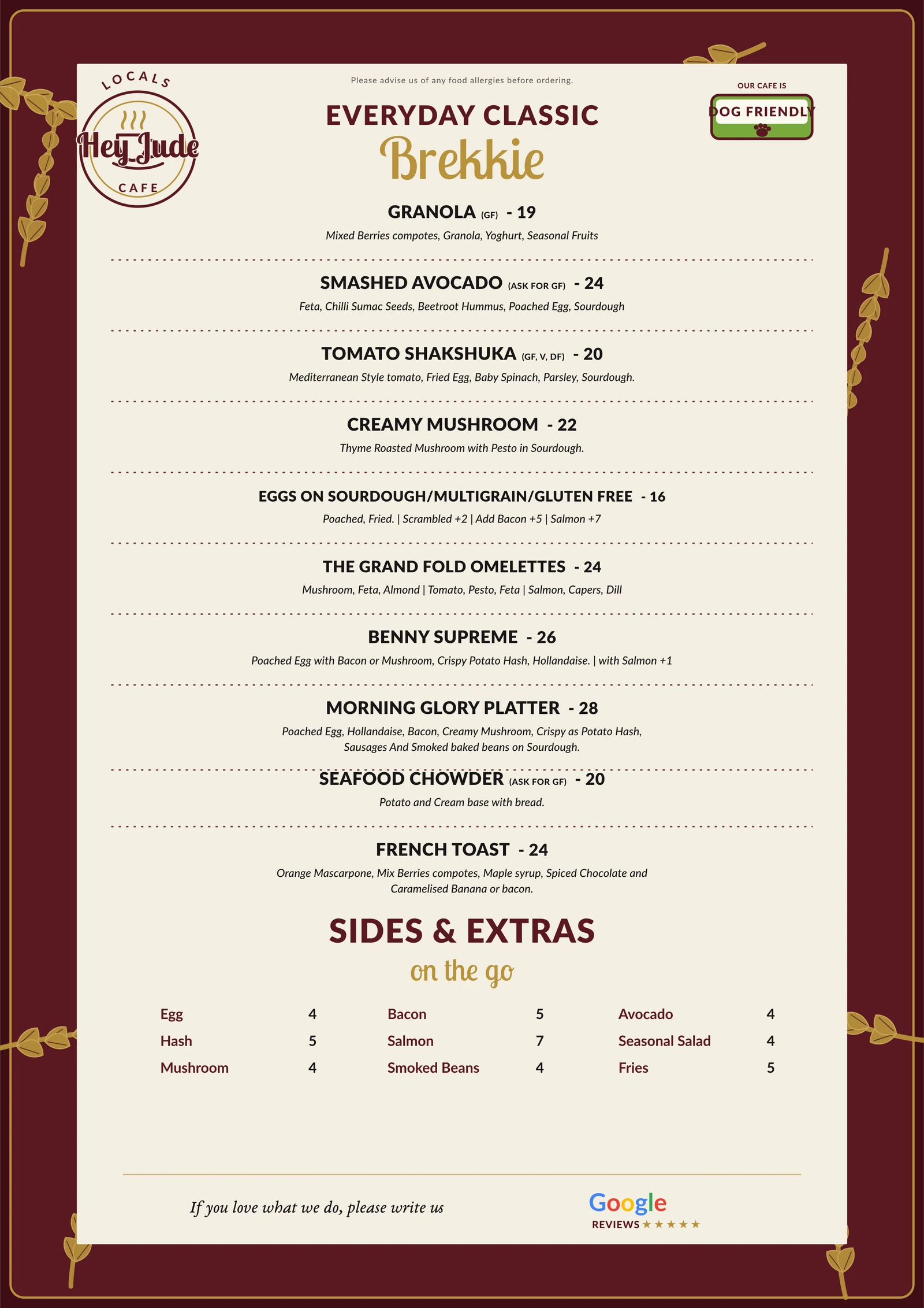 Hey Jude Cafe photographed breakfast menu
